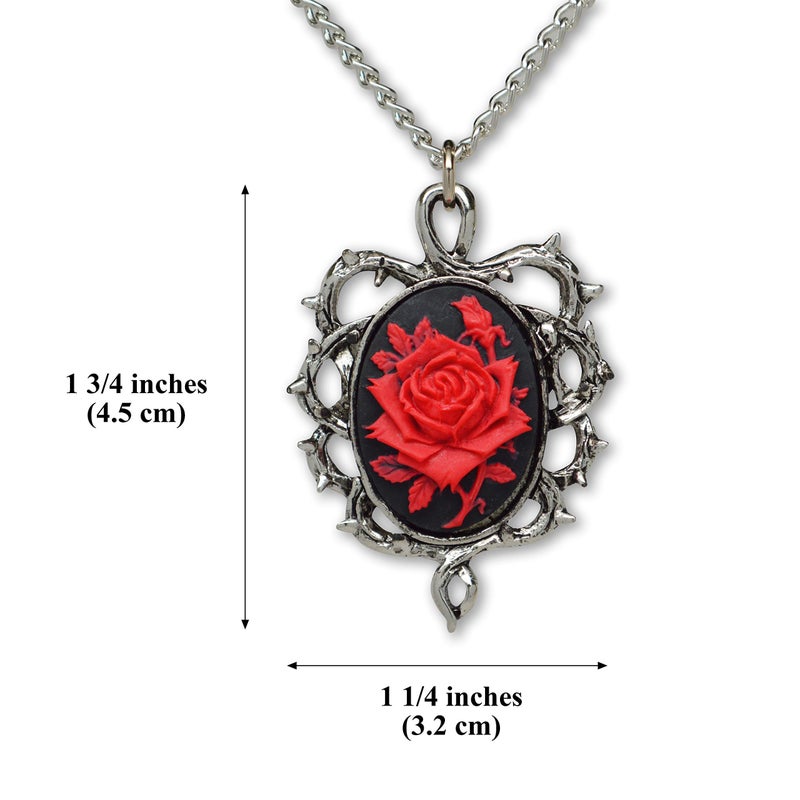 Real Metal Gothic Red Rose Cameo In Thorns Pendant Necklace - Image 3